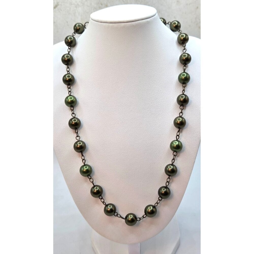 Vintage Green Beaded Necklace With Metal Chain & Lobster Clasp